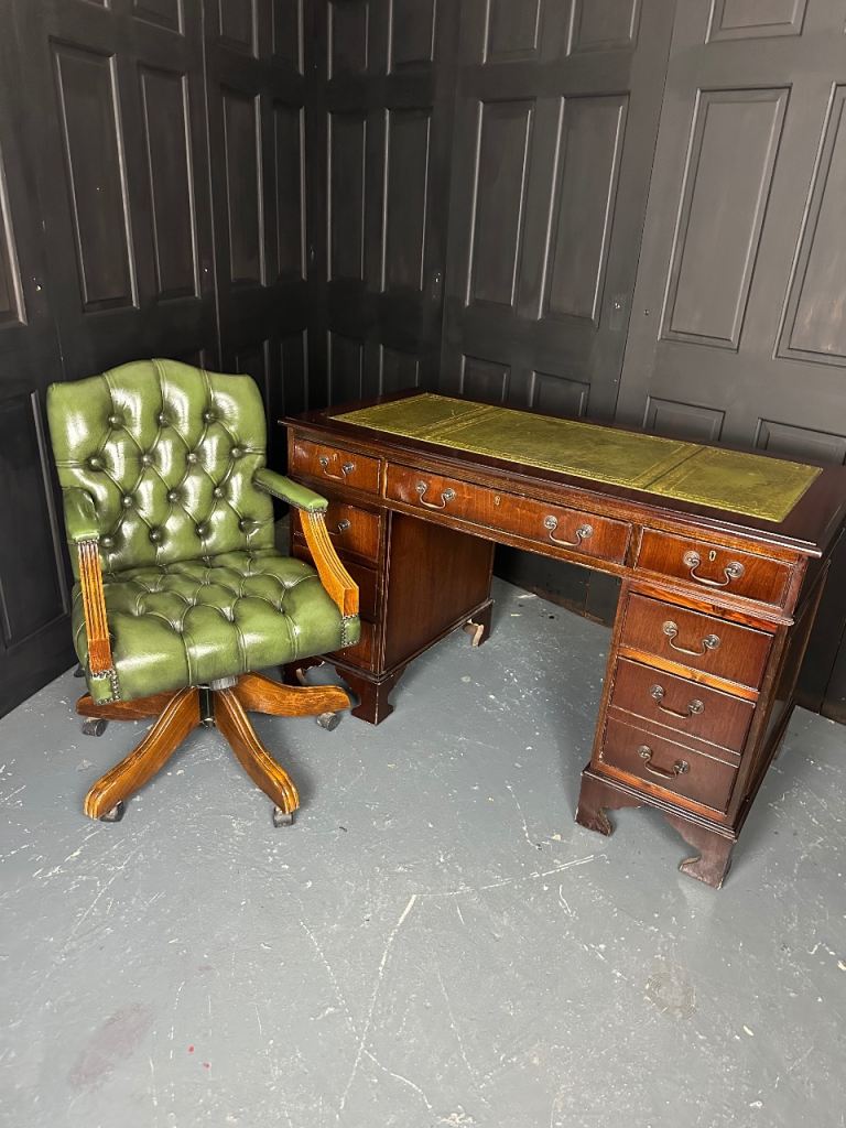 image for Green Leather Inlaid Desk and Green Chesterfield Gainsborough Chair Set 