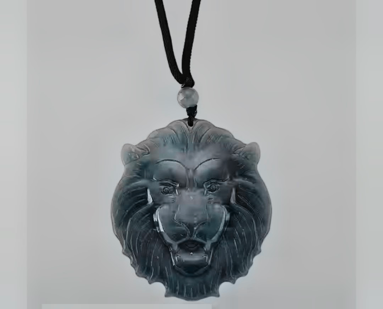 Jadeite Jade (natural)carved Lion head necklace with cotton thread sz28 