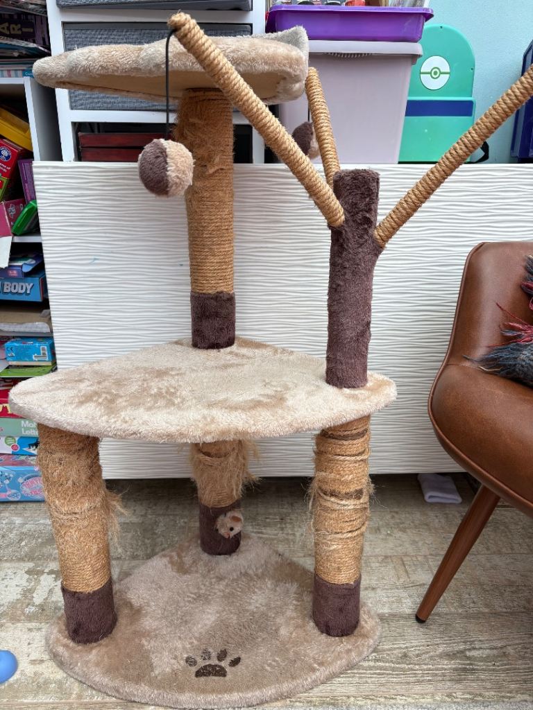 Cat Tree Platform Post Mouse Toy Pom Poms Brown Good Used Condition Clean 
