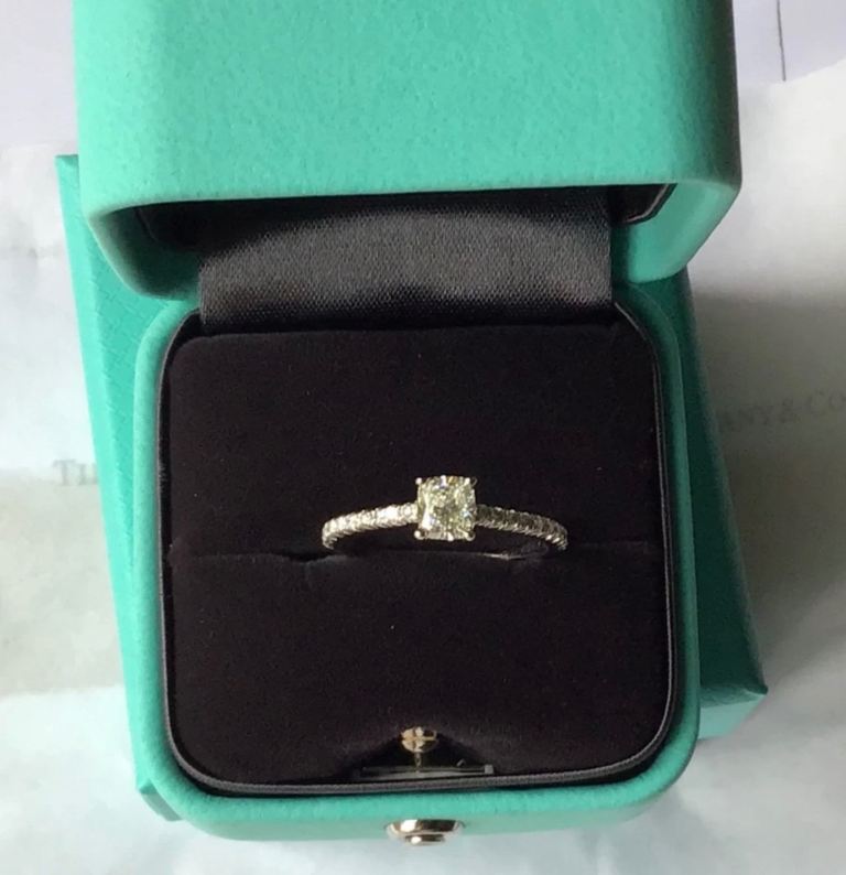 Tiffany and Co Diamond Engagement Ring - Platinum, Cushion Cut .74 Total carats
