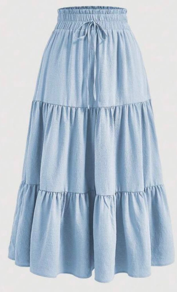 New Size Medium Will Fit Size 10,12,14 Petite Blue Tiered Maxi Skirt, Elasticated Waist, Stretchy