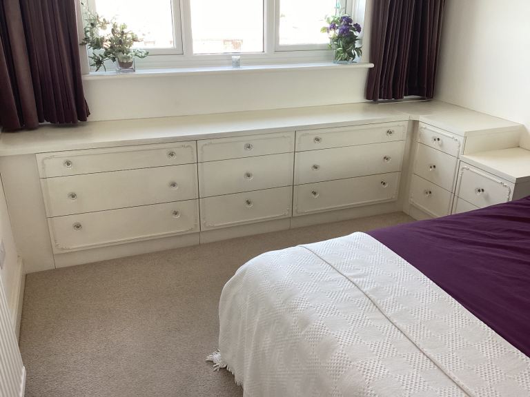 4 Number White Built in Chest of Drawers, 1 No Corner Unit & 2 Number Bedside Tables
