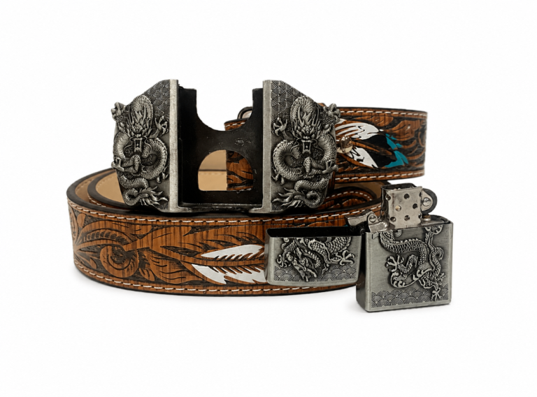 Removable Lighter Belt Western Feather PU Leather Double Dragon Buckle Adjustable Men’s Gift Brown