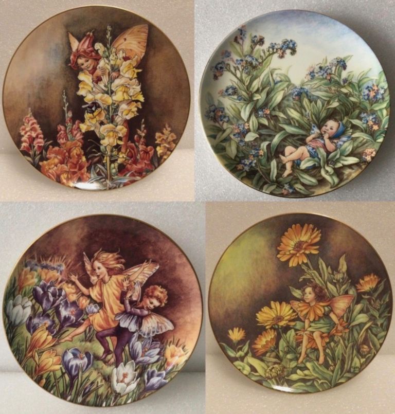 4 x Border Fine Bone China Flower Fairies plates - Marigold, Crocus, Snapdragon, Forget Me Not