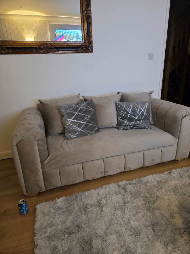 image for X2 3 seater Beigh plush velvet sofa's