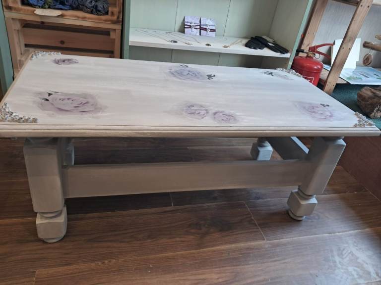 image for Upcycled pale grey decoupaged coffee table.