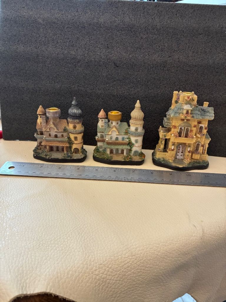 Storybook resin cottage candle holders x 3