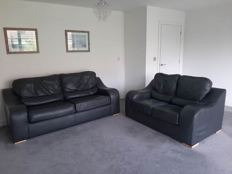  Black Leather Three + Two-Seater Sofa Set
