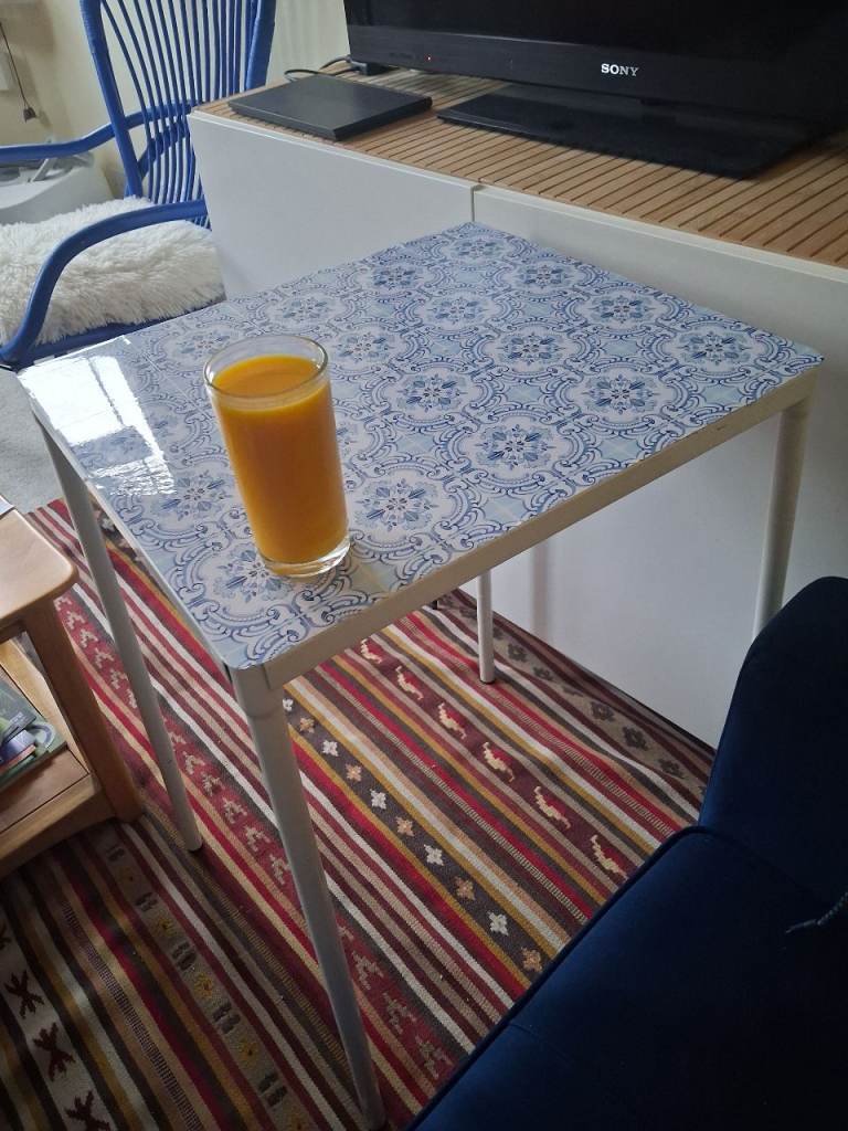 Ikea Small Tall Table with Blue Tile Pattern Top