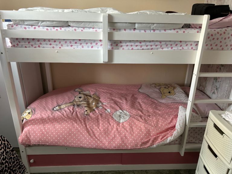 White Wooden Bunk Beds with Pink Base – Good Condition
