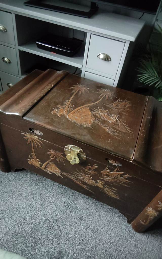 Antique hand carved wooden camphor chest 