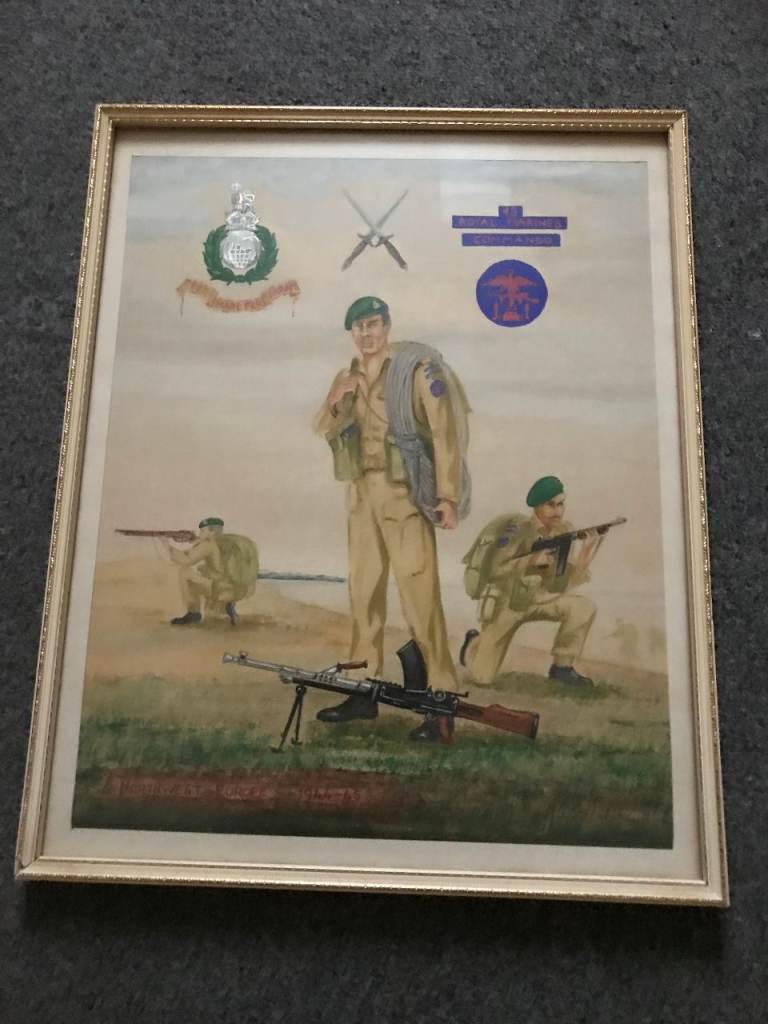 image for VINTAGE, 45 royal marines commando framed watercolour painting.