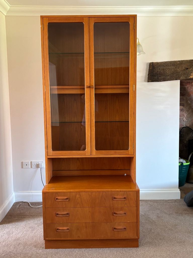 Vintage G Plan Fresco Teak Wall Unit c 1980 - Tall Glass Door Display Unit on Triple Drawer Cabinet