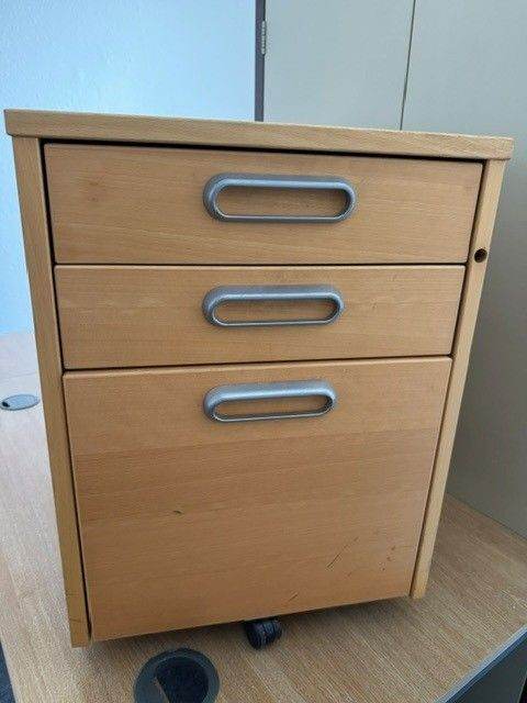 Wooden 3-Drawer Filing Cabinet on Wheels – Good Condition