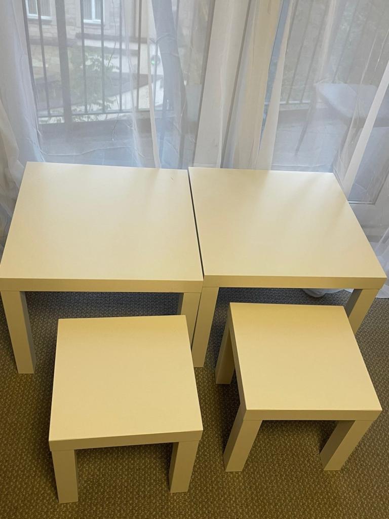 Pair of Beige Square Side Tables and Stools