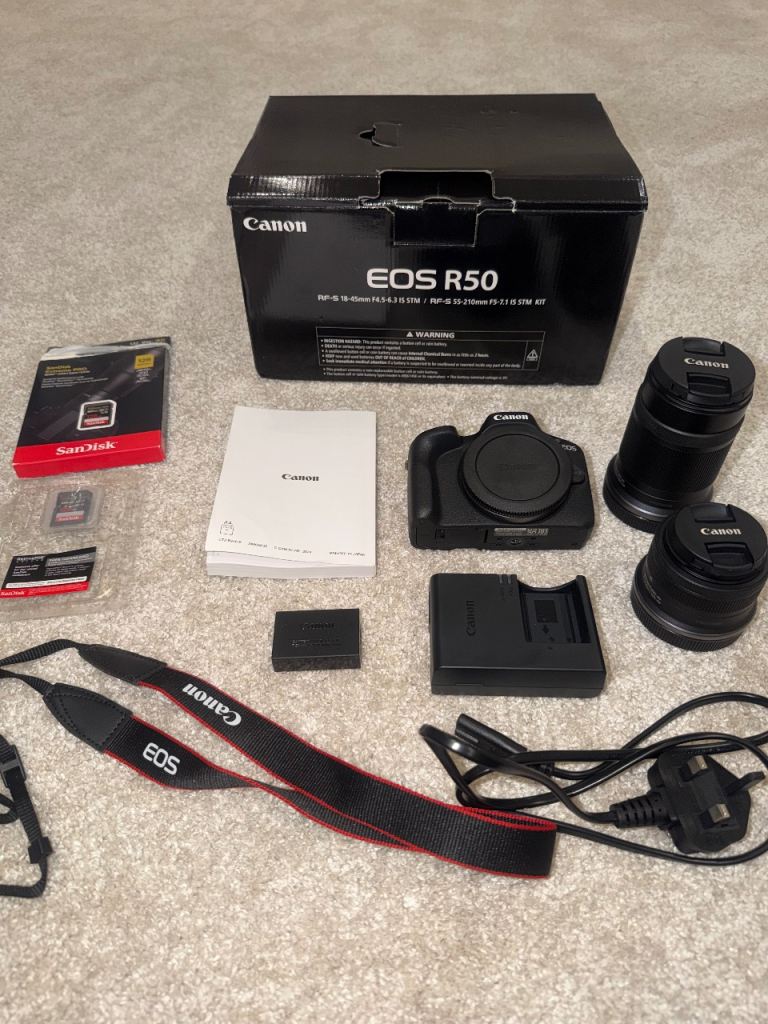 Canon EOS R50 Camera + 18-45mm & 55-210mm Lenses + 128GB SD Card