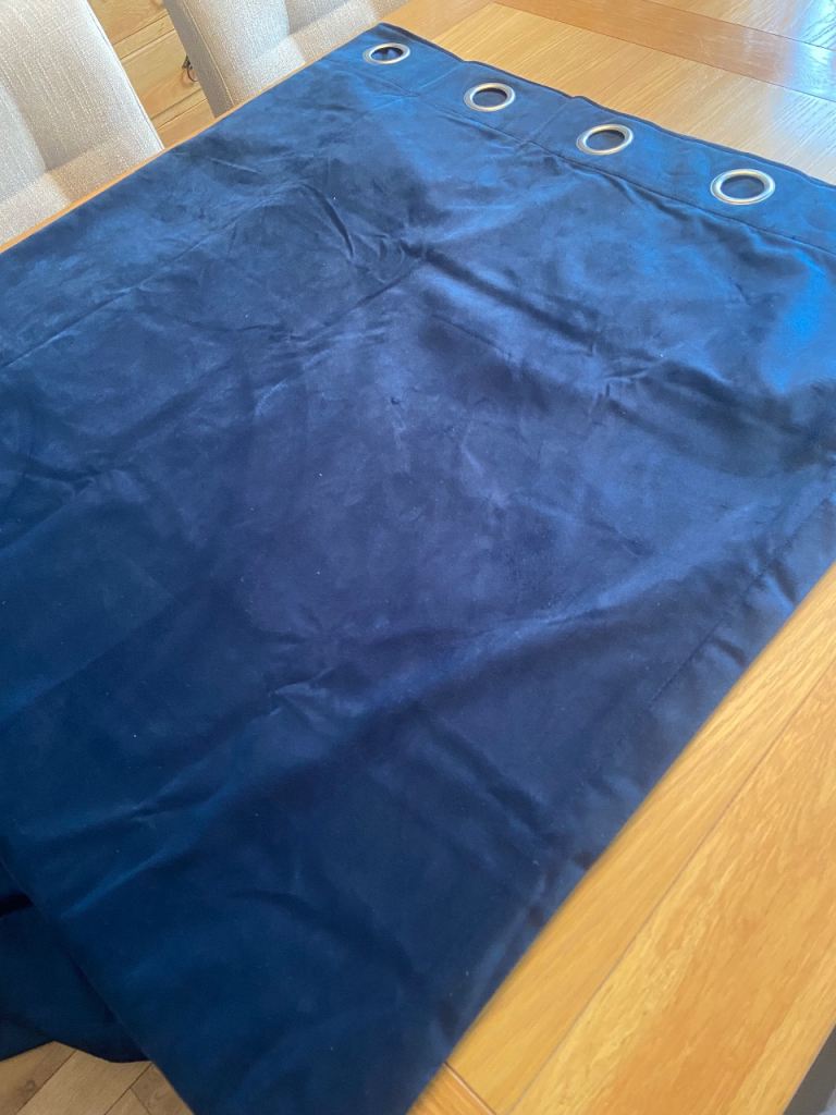 image for Navy blue velvet eyelet curtains - as new. 168cm width (each curtain). X 182cm drop