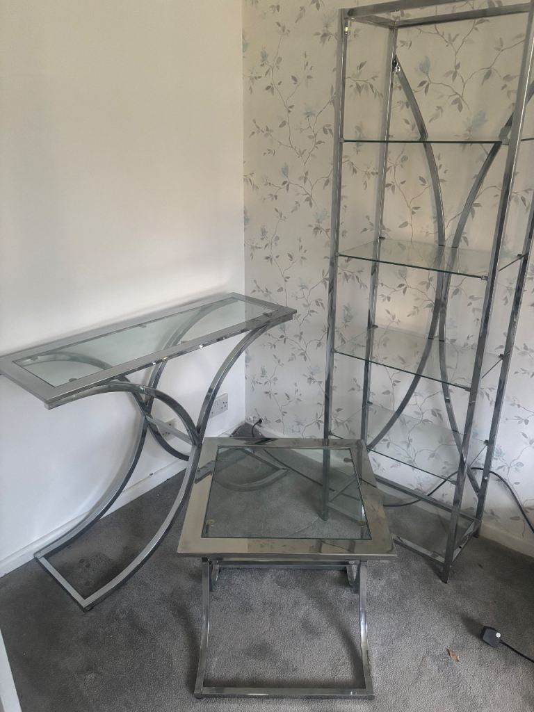 Glass & chrome console table, side table and display cabinet 