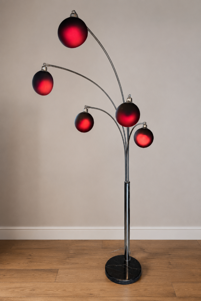 PRICE REDUCED Modern 5-Head Floor Standing Lamp – Chrome & Dark Purple Glass