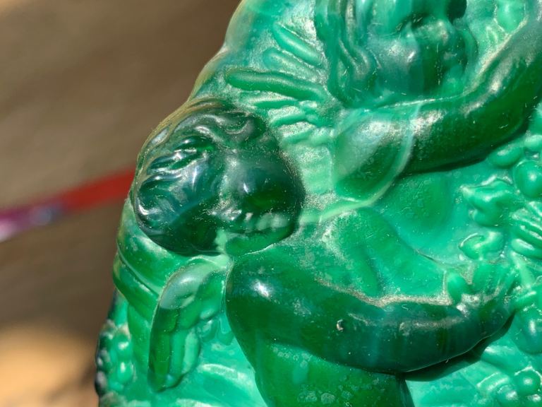 Rare Antique Art Deco Malachite Glass Putti Perfume Scent Bottle