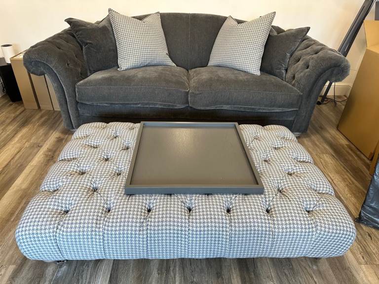 image for DFS Warwick Grey Pillow Back 4 Seater Sofas x 2 + Large Contrasting Footstool