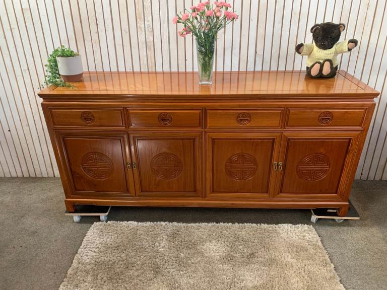 LARGE VINTAGE ORIENTAL CHINESE CARVED SOLID HARDWOOD SIDEBOARD