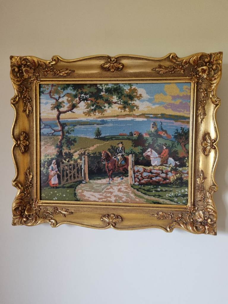 Large Vintage Wool Tapestry in Heavy Ornate Gold Frame