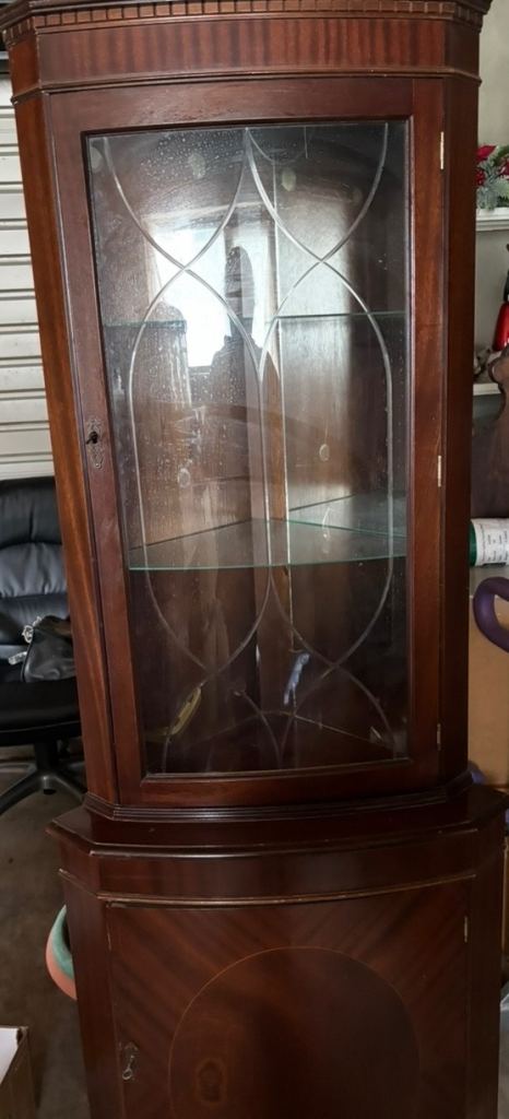 Solid Wood Corner Display Cabinet - Glass Front, Inlay Detail