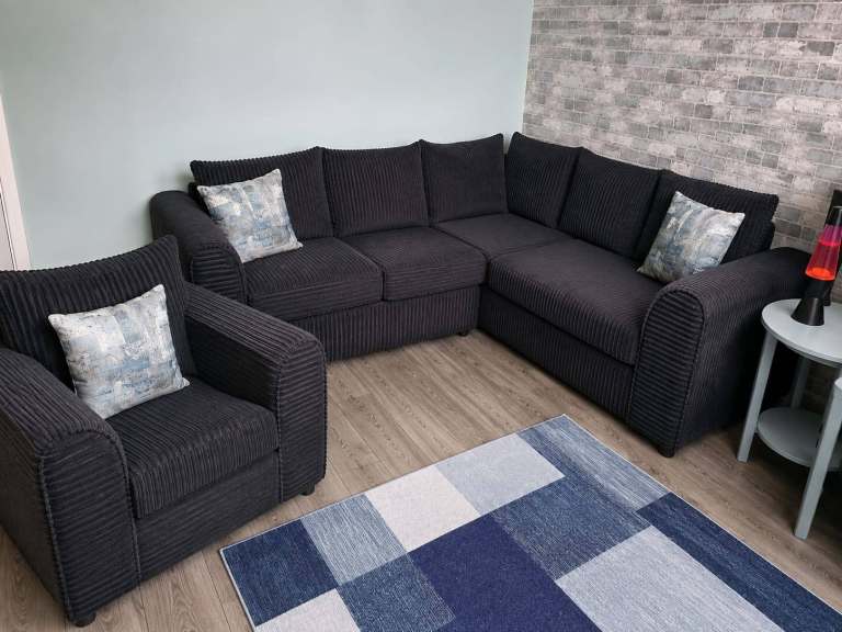 Corner Sofa and Armchair Set - Black Fabric, Good Condition