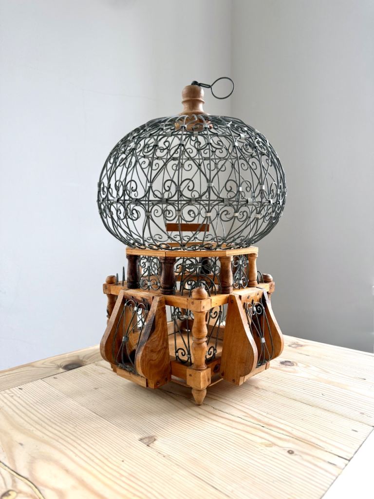 Vintage Round Balloon Top Bird Cage, Hanging Aviary, Mid-Century