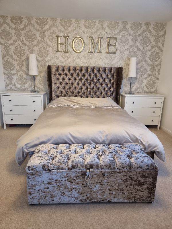 PENDING COLLECTION King size wingback bed with separate ottoman storage
