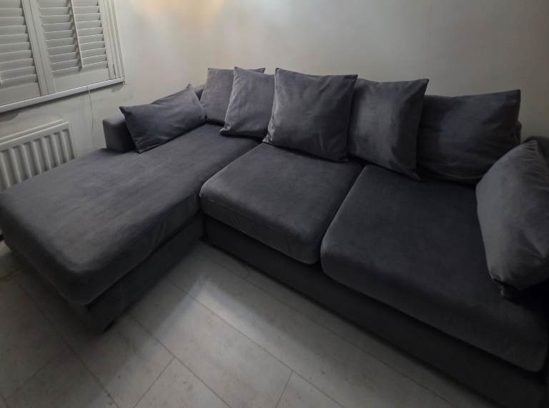 "Dfs Plush" Velvet Pillow back L shaped sofa in Steel (dark grey)