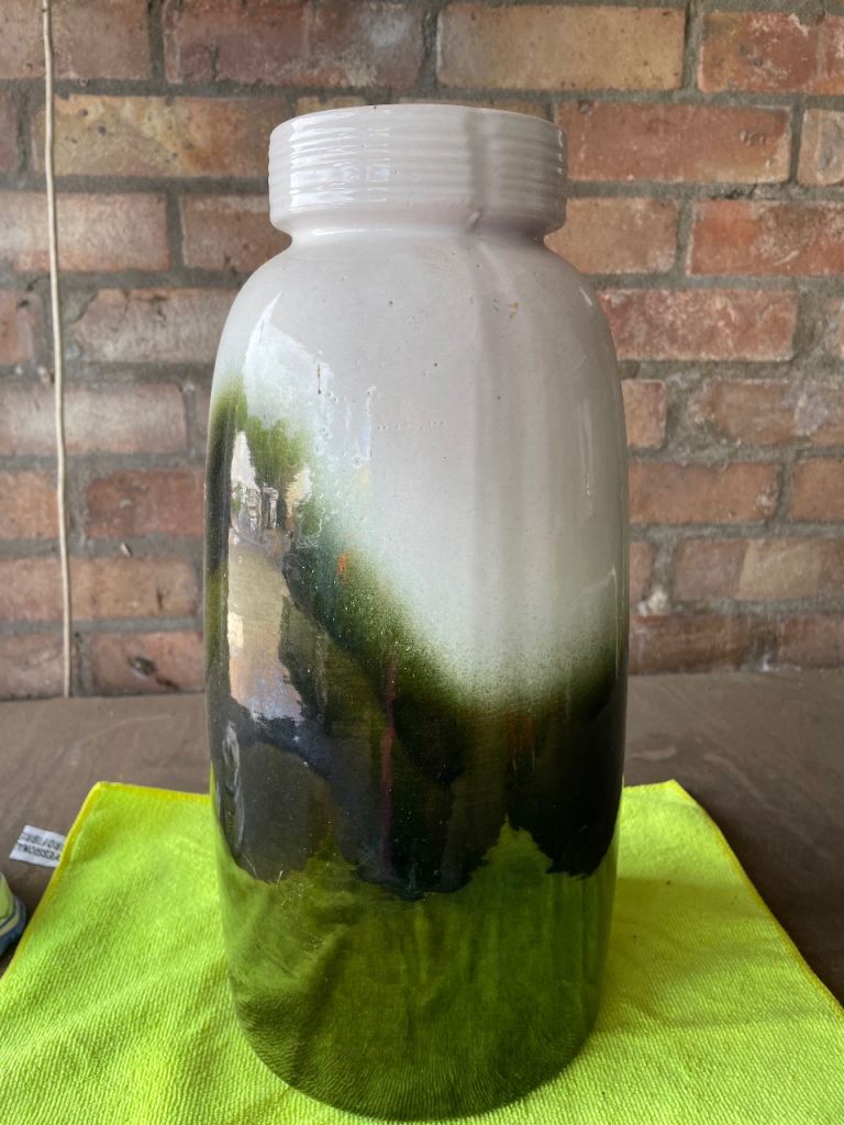 Vintage West German Fat Lava Vase - Green and White Glaze, Good Condition