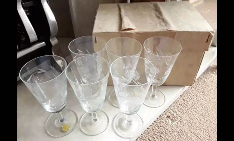 CASH COLLECT ONLY Bristol - NEW* Etched/Frosted Floral Design Retro Vintage Sherry Glasses x 6