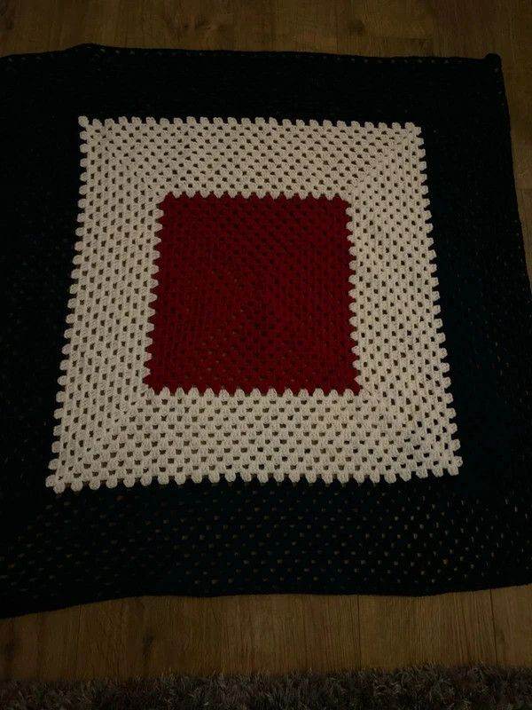 New handmade crochet blanket aprox 36 inches square red white & blue