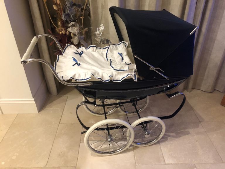 Vintage Navy Blue Silver Cross Dolls Coach Built Pram
