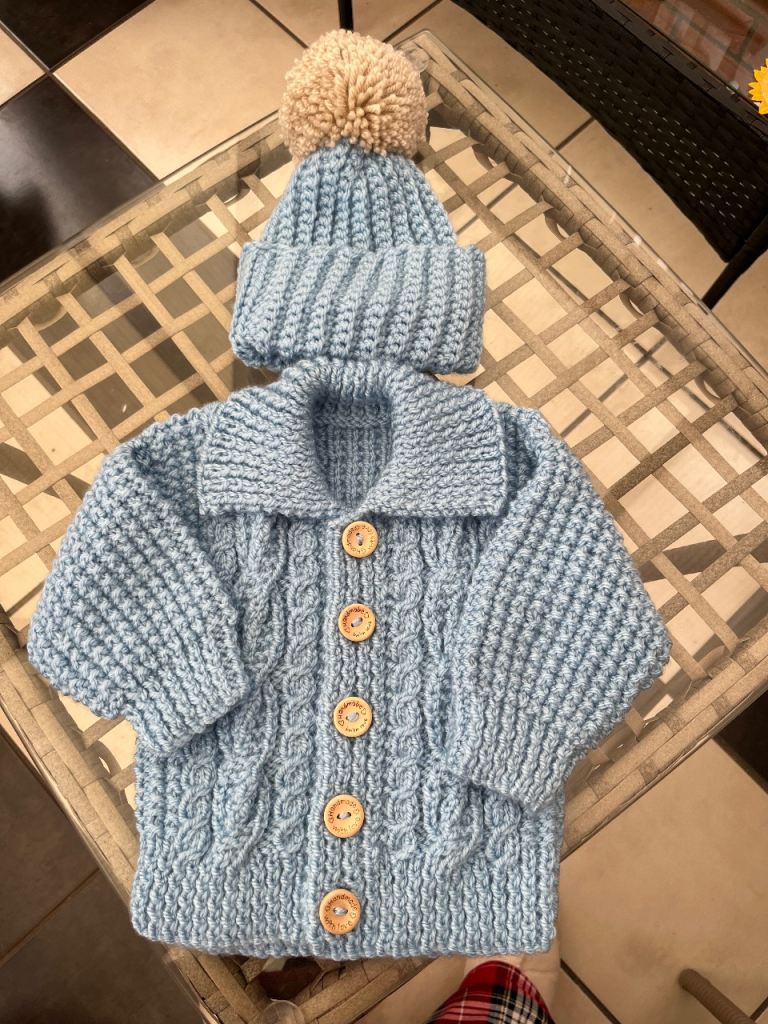 Handmade Baby Blue Knitted Cardigan and Hat Set