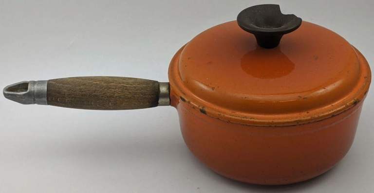 French Orange Enamel Cast Iron Sauce Pan By Nomar 16cm Dia. Wooden Handle