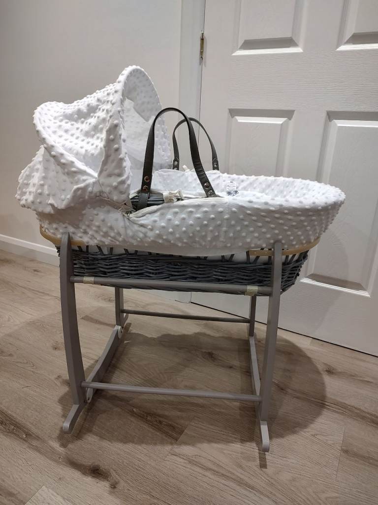 Grey Wicker Moses Basket with Rocking Stand