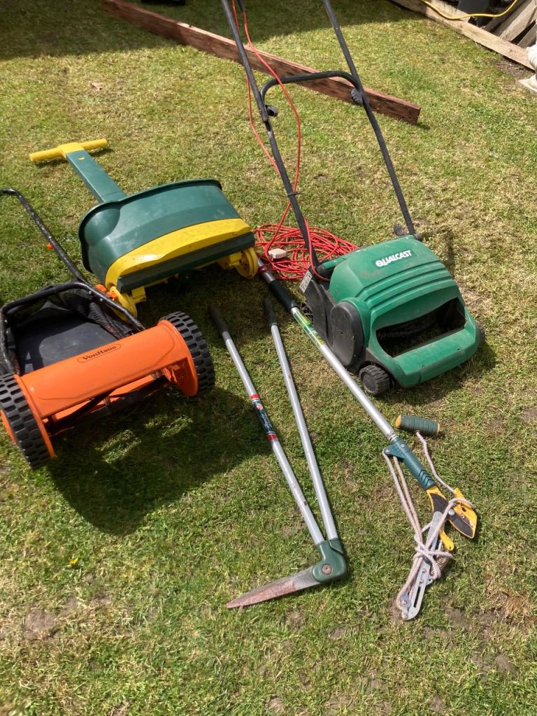Garden Tools Job Lot: Lawnmowers, Spreader, Long Handle Shears