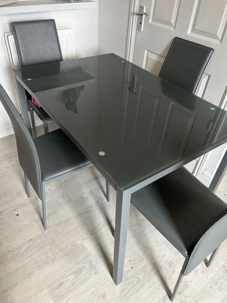 Glass Top Dining Table with 4 Chairs and Bench – Grey