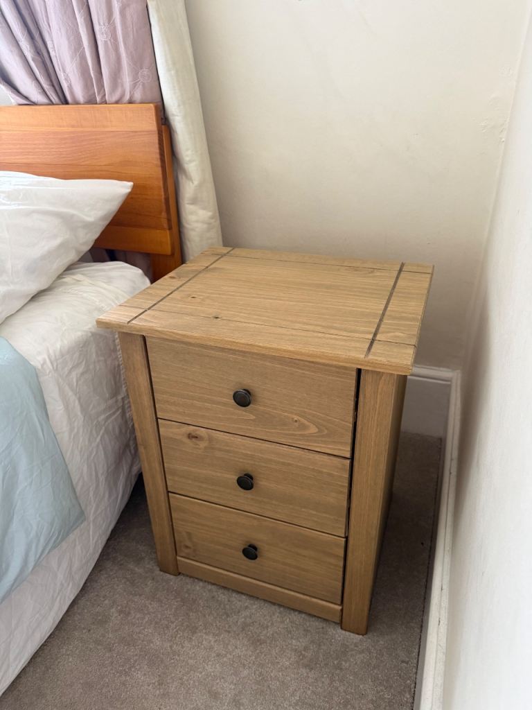 Wooden Bedside Table with 3 Drawers – Good Condition