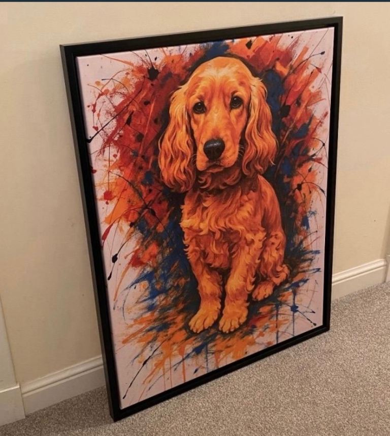 Large Framed Cocker Spaniel Canvas – Vibrant Paint Splatter Style – NEW