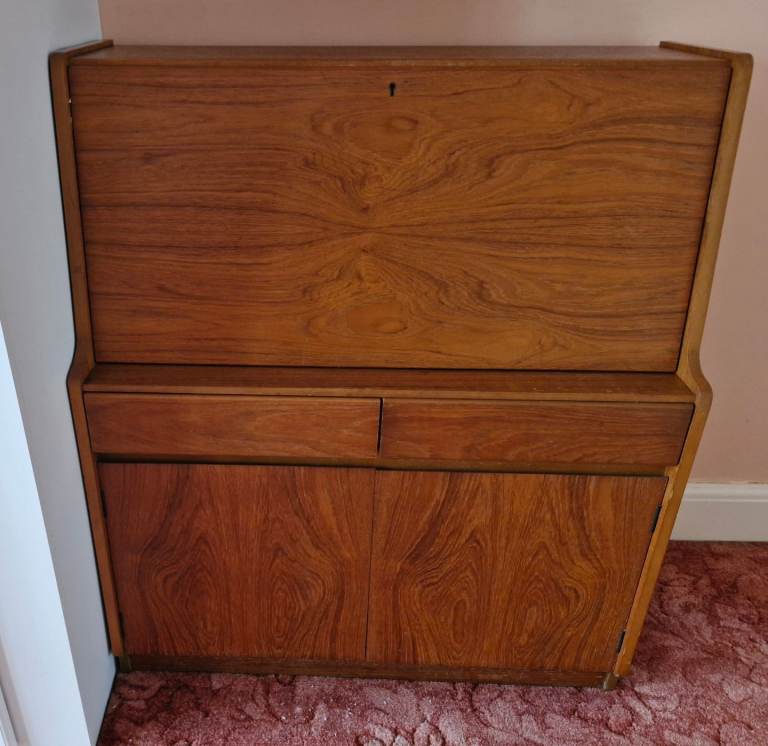 Vintage Mid Century 1960s Teak Veneer Bureau / Writing Desk with cupboard and 2 drawers