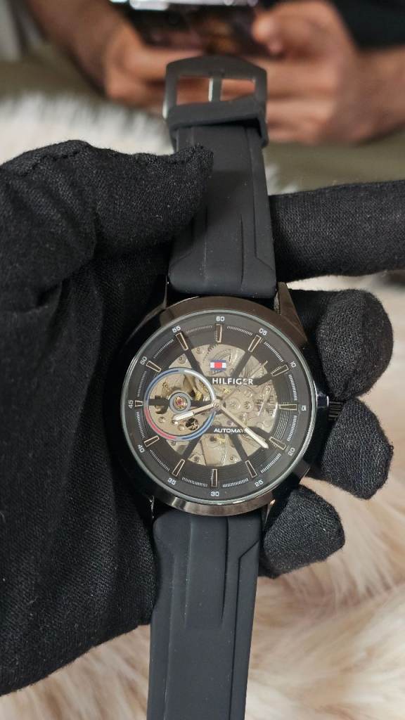 Tommy Hilfiger Skeleton Dial Watch – Black Strap, Good Condition