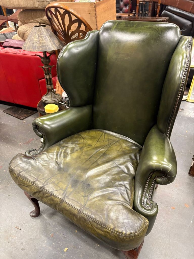 Vintage Green Leather Wingback Chair