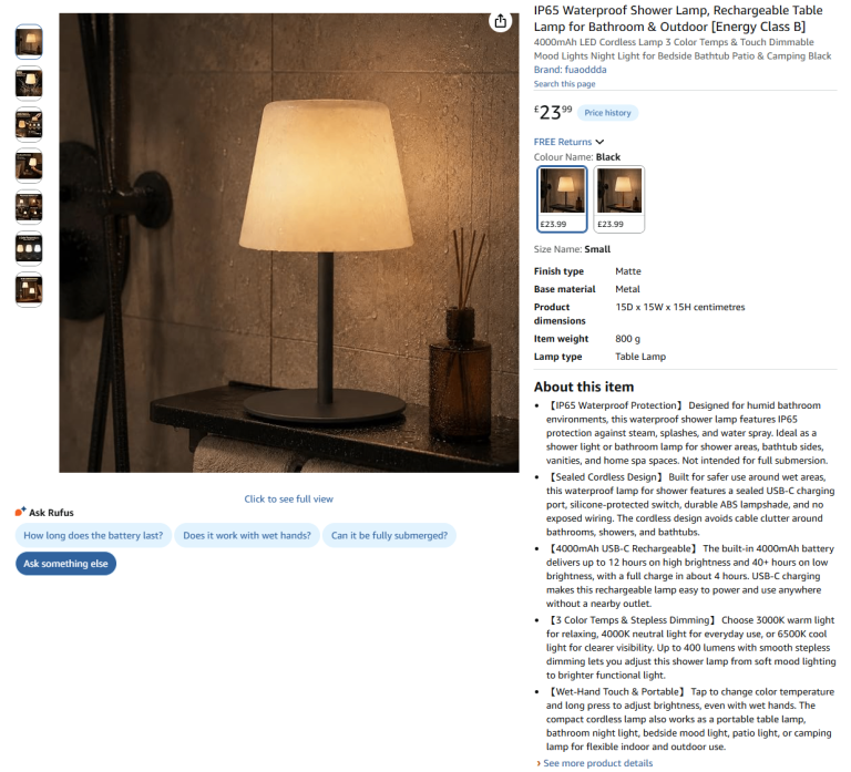 New IP65 Waterproof Rechargeable Table Lamp - Black, Cordless & Portable