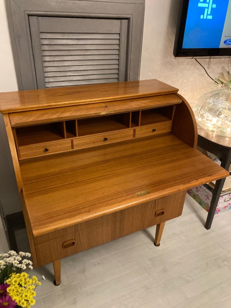 Danish Style Teak Mid Century Roll Top Cylinder Desk,