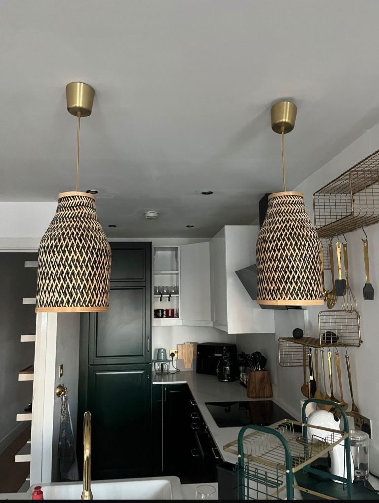 Woven Pendant Ceiling Lights – Natural & Black with Brass Fittings