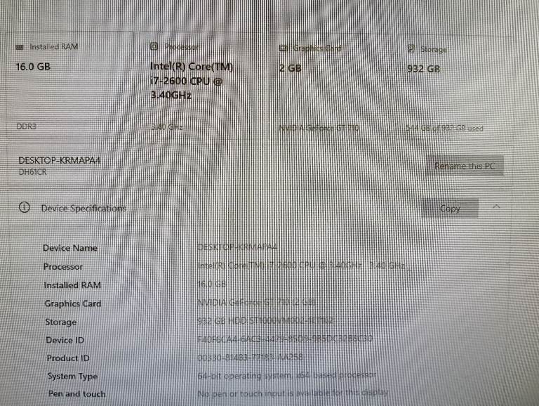 Gaming PC Intel I7, 1 tb. Memory: 16gb